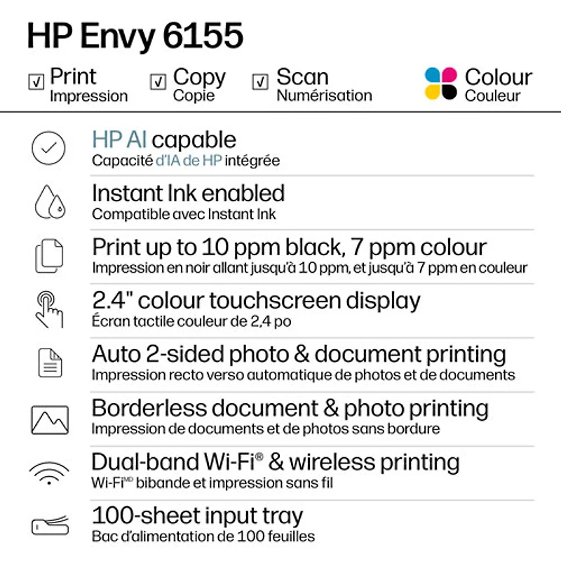 Imprimante à jet d'encre tout-en-un Envy 6155 de HP - Essai gratuit de 3 mois Instant Ink de HP inclus*
