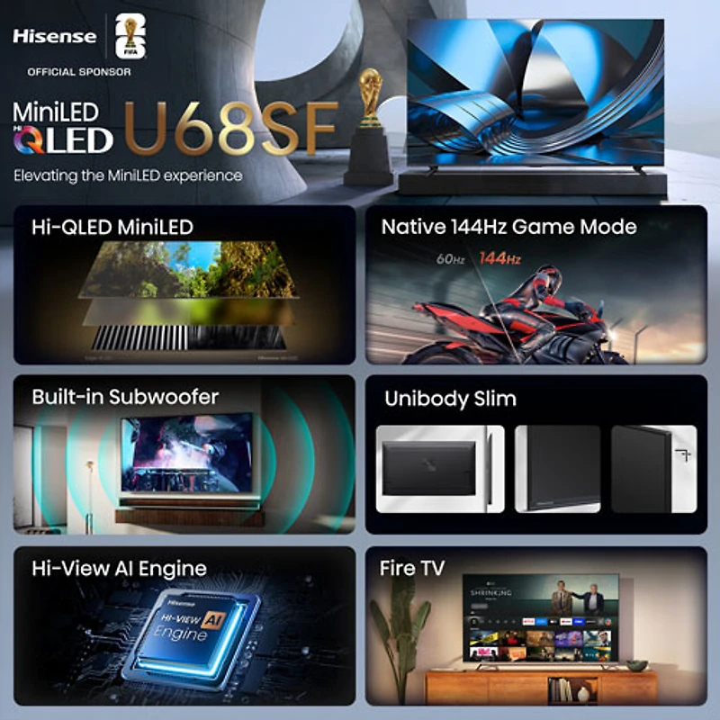 Téléviseur intelligent Fire TV QLED mini-DEL HDR UHD 4K de 55 po QD8SF de Hisense (55U68SF) - 2026