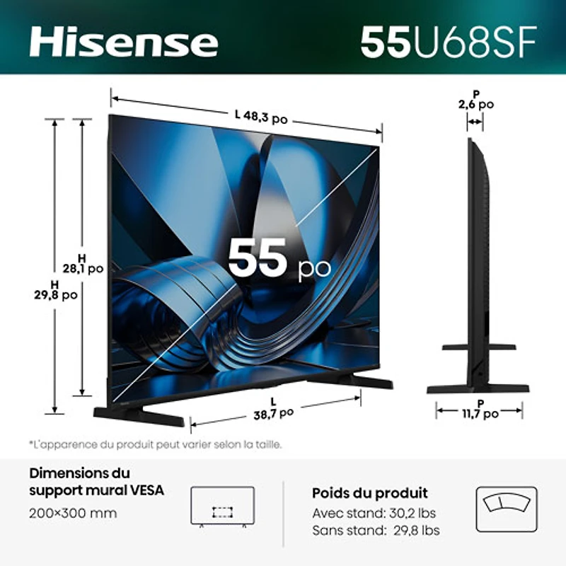 Téléviseur intelligent Fire TV QLED mini-DEL HDR UHD 4K de 55 po QD8SF de Hisense (55U68SF) - 2026