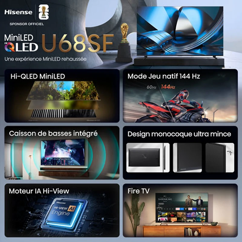 Téléviseur intelligent Fire TV QLED mini-DEL HDR UHD 4K de 75 po QD8SF de Hisense (75U68SF) - 2026