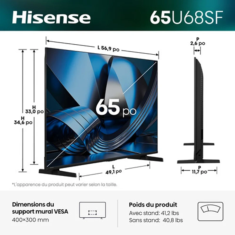 Téléviseur intelligent Fire TV QLED mini-DEL HDR UHD 4K de 65 po QD8SF de Hisense (65U68SF) - 2026