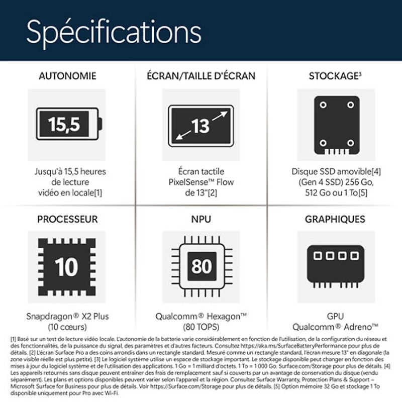 Tablette Microsoft Surface Pro (LCD) de 13 po, PC Copilot+, 512 Go avec Qualcomm Snapdragon X2 Plus/mémoire vive de 16 Go (2026) - Platine - Appareil seulement