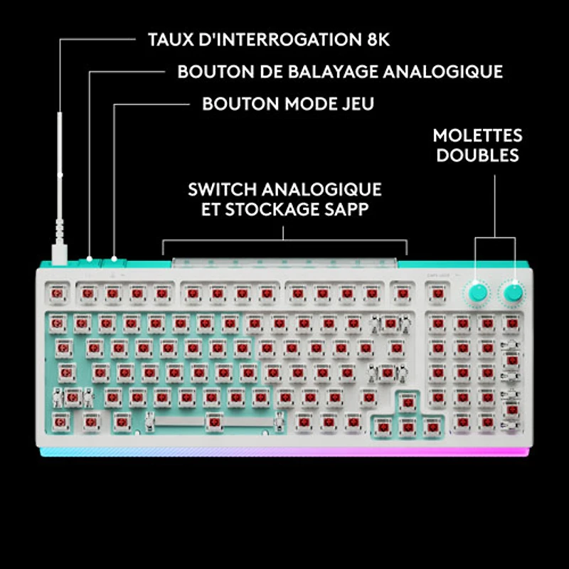Clavier de jeu mécanique pleine grandeur tactile et analogique rétroéclairé DUAL SWAP TMR G G512 X 98 de Logitech - Blanc - Anglais