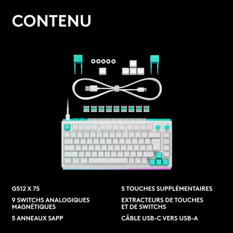Clavier de jeu mécanique tactile et analogique rétroéclairé à touches linéaires DUAL SWAP TMR G G512 X 75 format 75 % de Logitech - Blanc - Anglais