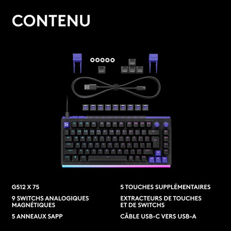 Clavier de jeu mécanique et analogique rétroéclairé à touches linéaires DUAL SWAP TMR G G512 X 75 format 75 % de Logitech - Anglais