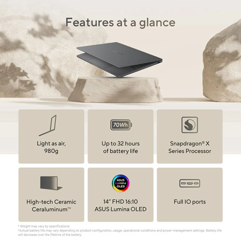 ASUS Zenbook A14 14" Laptop - Iceland Gray (Snapdragon X X1 26 100/16GB RAM/512GB SSD/Windows 11 Home)