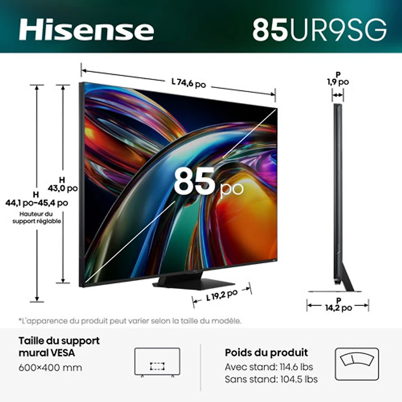 Hisense 85" UR9SG 4K UHD HDR RGB Mini-LED Smart Google TV (85UR9SG) - 2026
