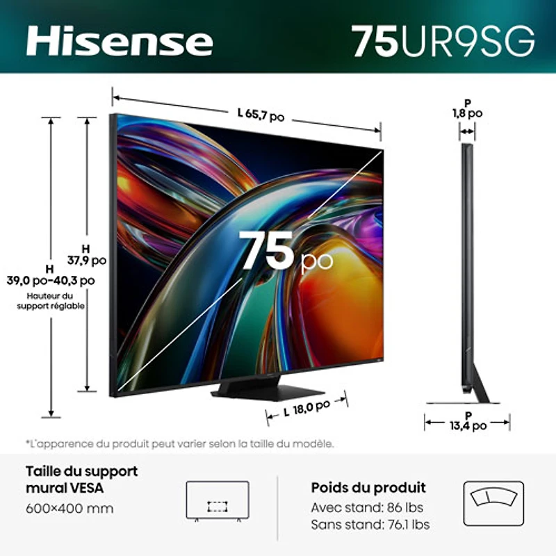 Téléviseur intelligent Google mini-DEL RVB HDR UHD 4K UR9SG de 75 po de Hisense (75UR9SG) - 2026
