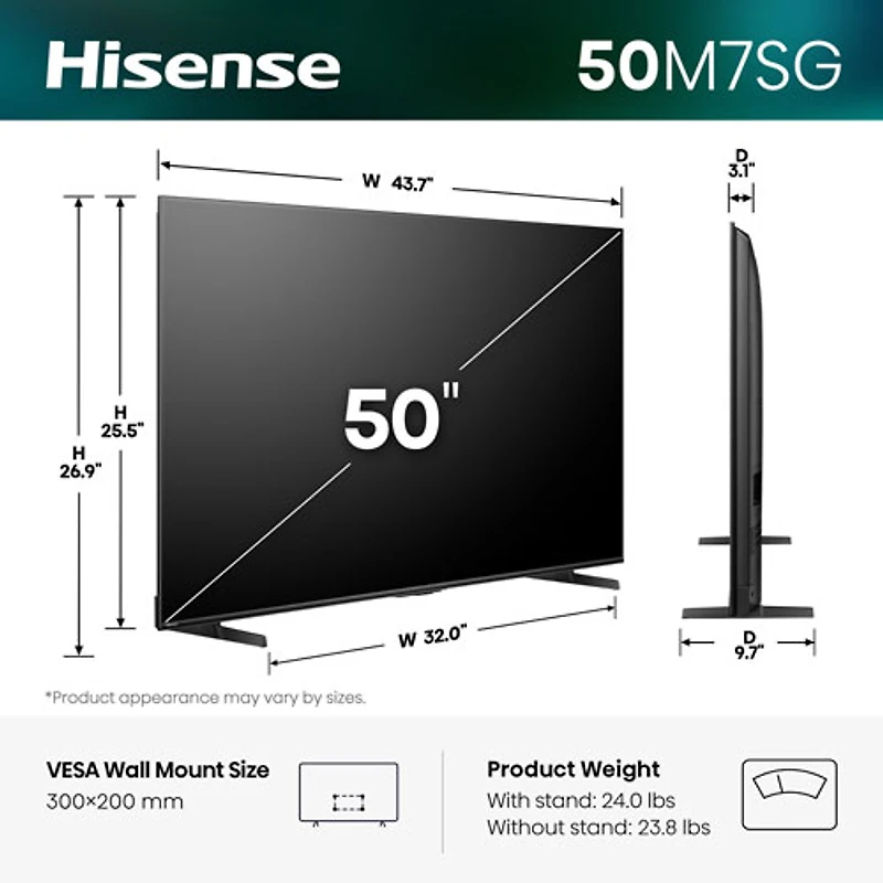 Hisense 50" M7SG 4K UHD HDR Hi-QLED Mini-LED AI Smart Google TV (50M7SG) - 2026