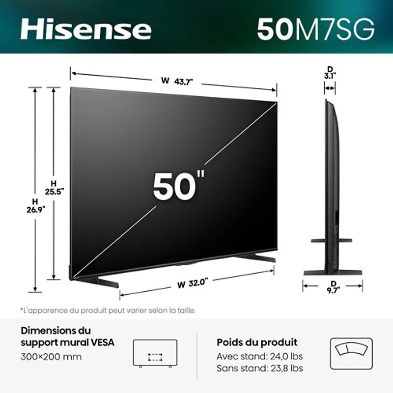 Hisense 50" M7SG 4K UHD HDR Hi-QLED Mini-LED AI Smart Google TV (50M7SG) - 2026