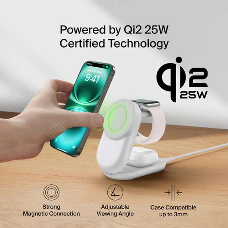 Belkin 3-in-1 25W Qi2 Wireless Charging Station with MagSafe - White