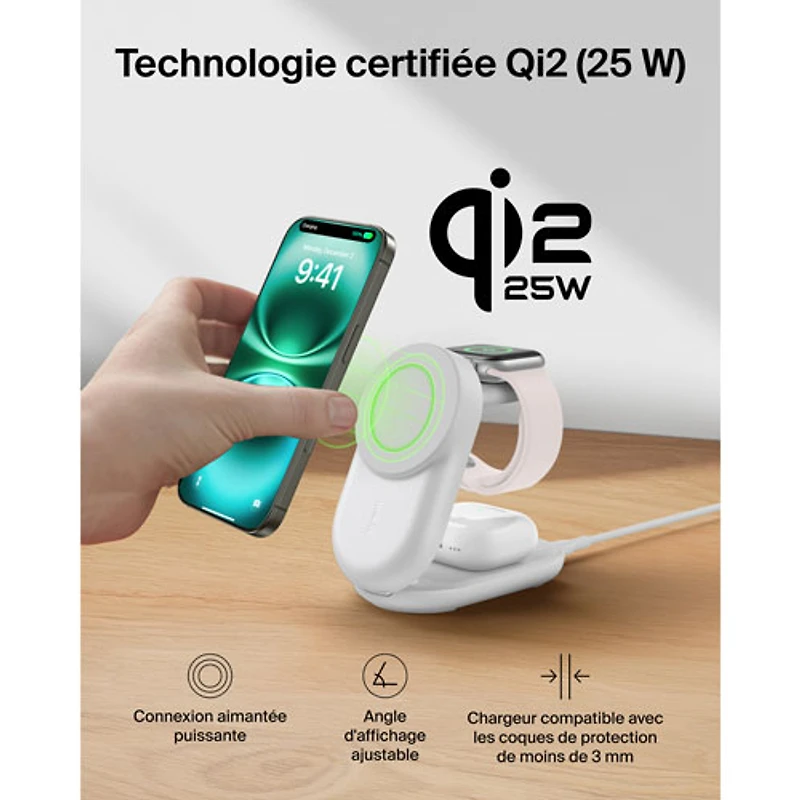 Belkin 3-in-1 25W Qi2 Wireless Charging Station with MagSafe - White