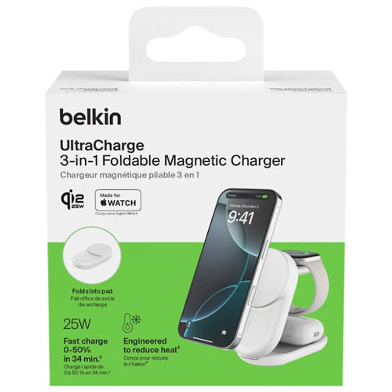 Belkin 3-in-1 25W Qi2 Wireless Charging Station with MagSafe - White