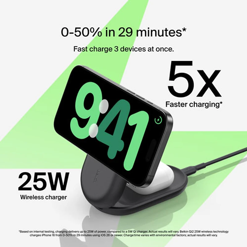 Belkin 3-in-1 25W Qi2 Wireless Charging Station with MagSafe - Black