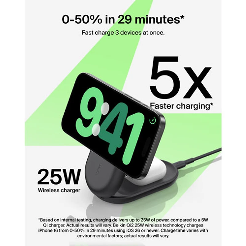 Belkin 3-in-1 25W Qi2 Wireless Charging Station with MagSafe - Black