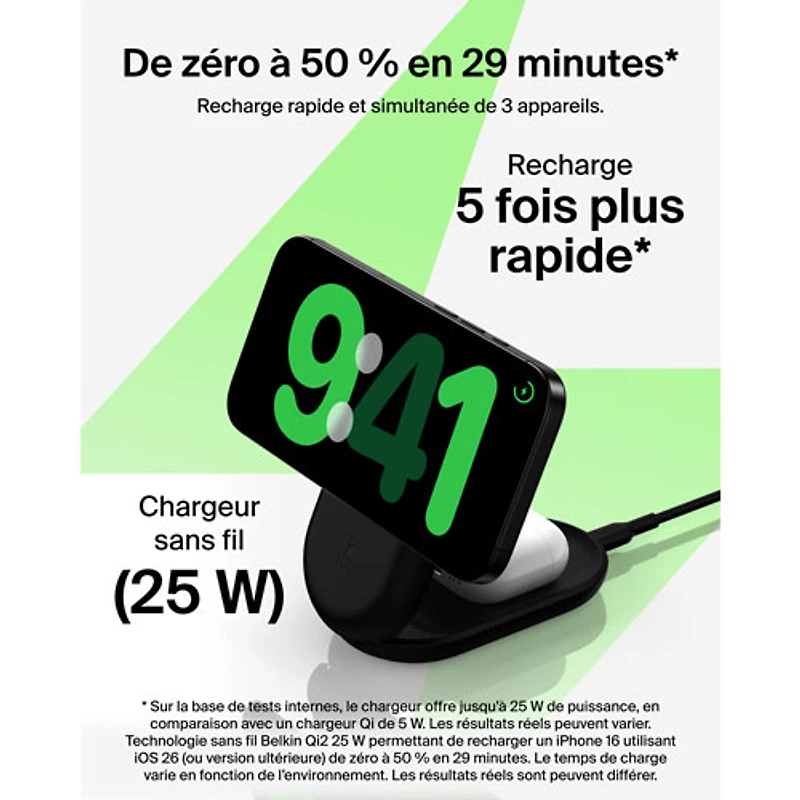 Belkin 3-in-1 25W Qi2 Wireless Charging Station with MagSafe - Black