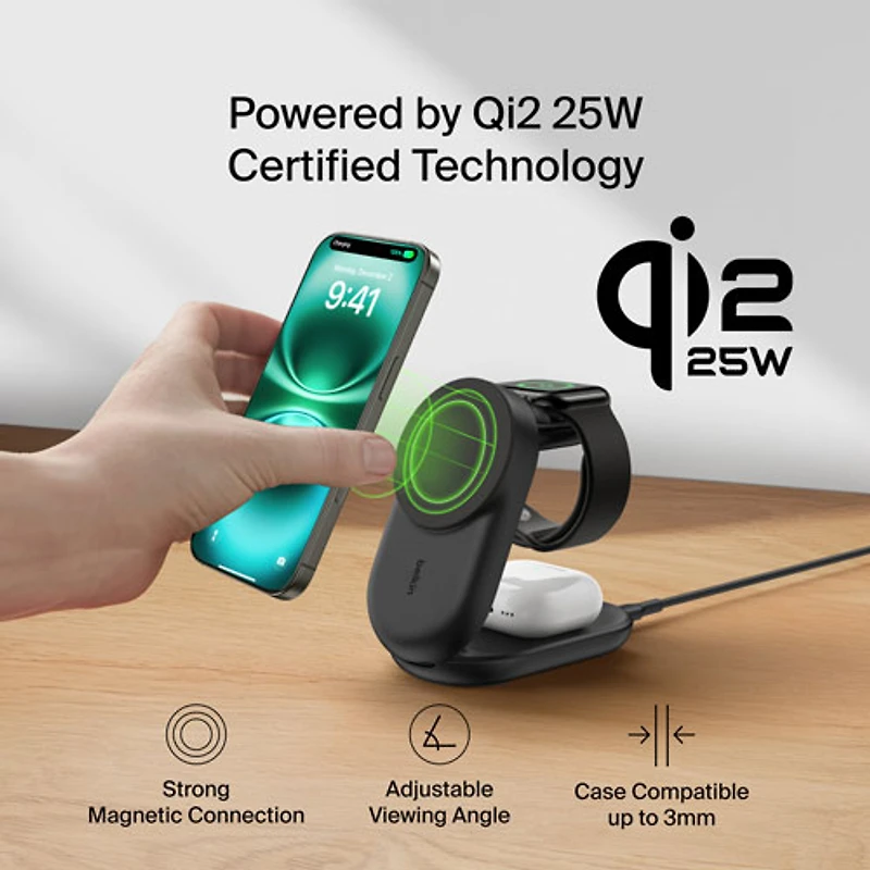 Belkin 3-in-1 25W Qi2 Wireless Charging Station with MagSafe - Black