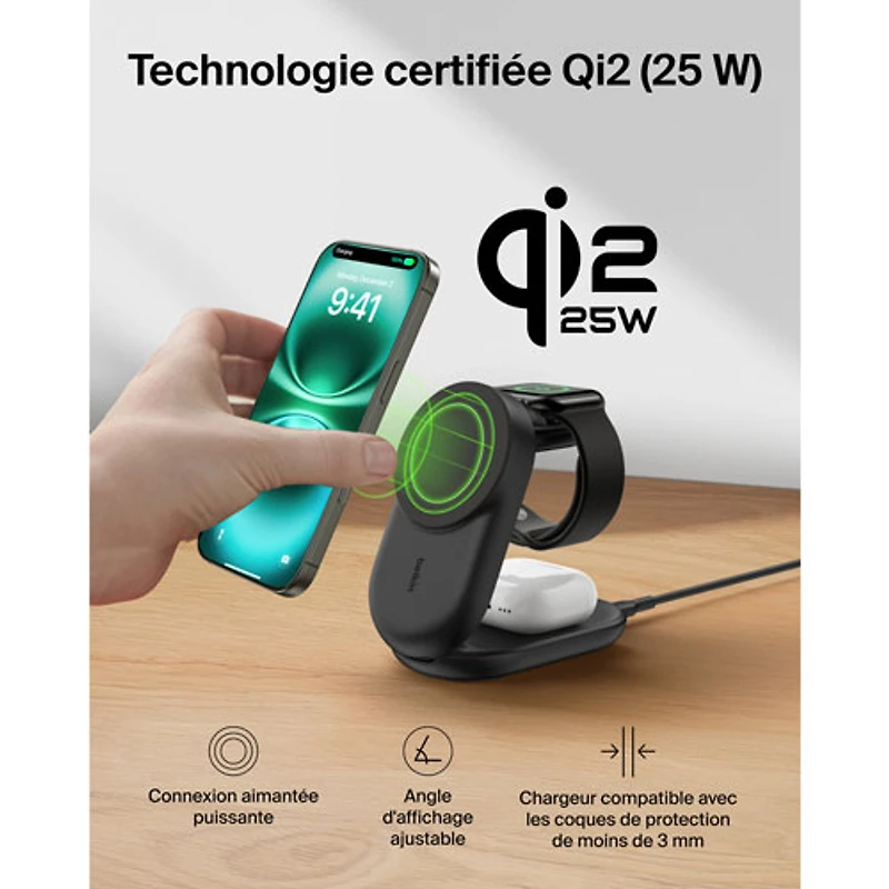 Belkin 3-in-1 25W Qi2 Wireless Charging Station with MagSafe - Black