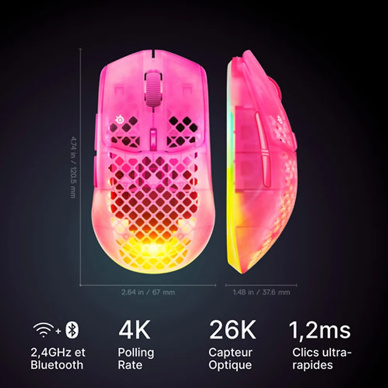 Souris de jeu Bluetooth de 26 000 ppp Aerox 3 de 2e génération de SteelSeries - Magenta