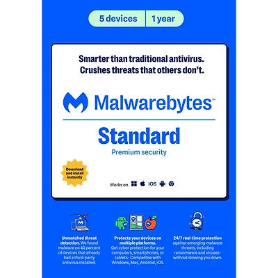 Malwarebytes Premium (PC/Mac) - 5 Devices - 1 Year - Digital Download
