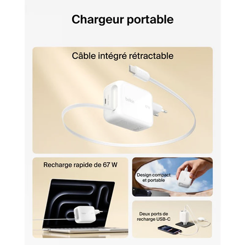 Belkin 67W USB-C GaN Wall Charger with 1m Retractable USB-C Cable