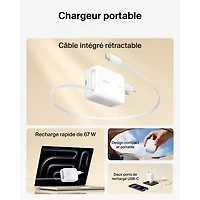 Belkin 67W USB-C GaN Wall Charger with 1m Retractable USB-C Cable