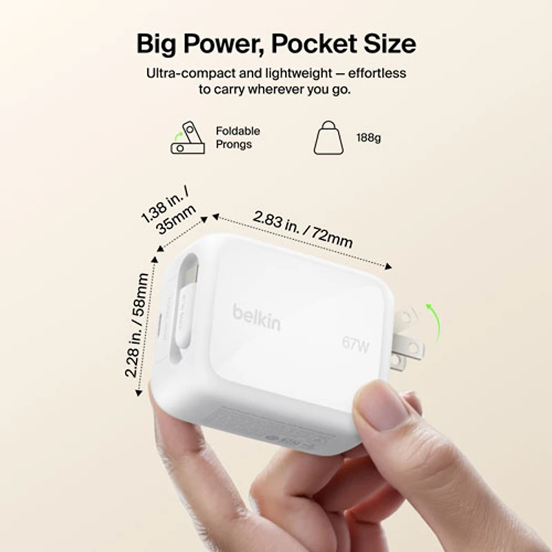 Belkin 67W USB-C GaN Wall Charger with 1m Retractable USB-C Cable
