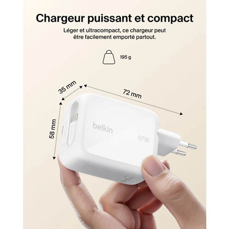 Belkin 67W USB-C GaN Wall Charger with 1m Retractable USB-C Cable