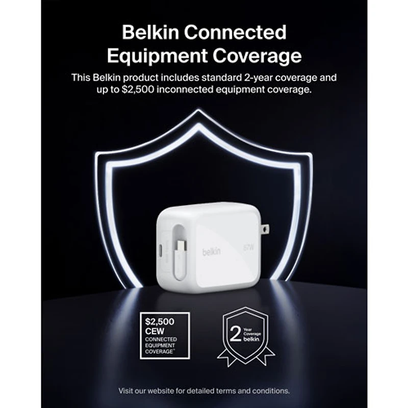 Belkin 67W USB-C GaN Wall Charger with 1m Retractable USB-C Cable