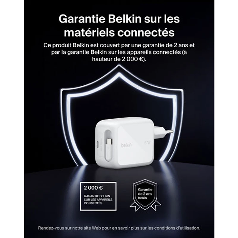 Belkin 67W USB-C GaN Wall Charger with 1m Retractable USB-C Cable