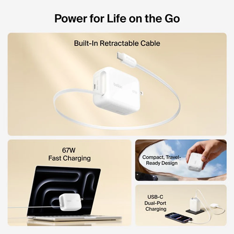 Belkin 67W USB-C GaN Wall Charger with 1m Retractable USB-C Cable