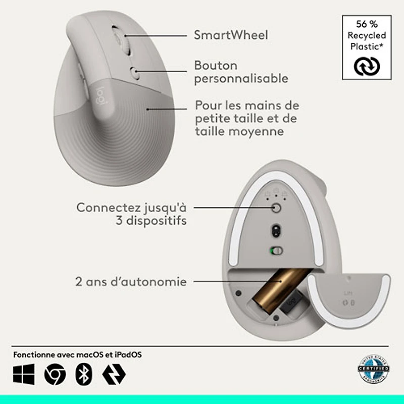 Logitech Lift Vertical Ergonomic Wireless Mouse - Sand