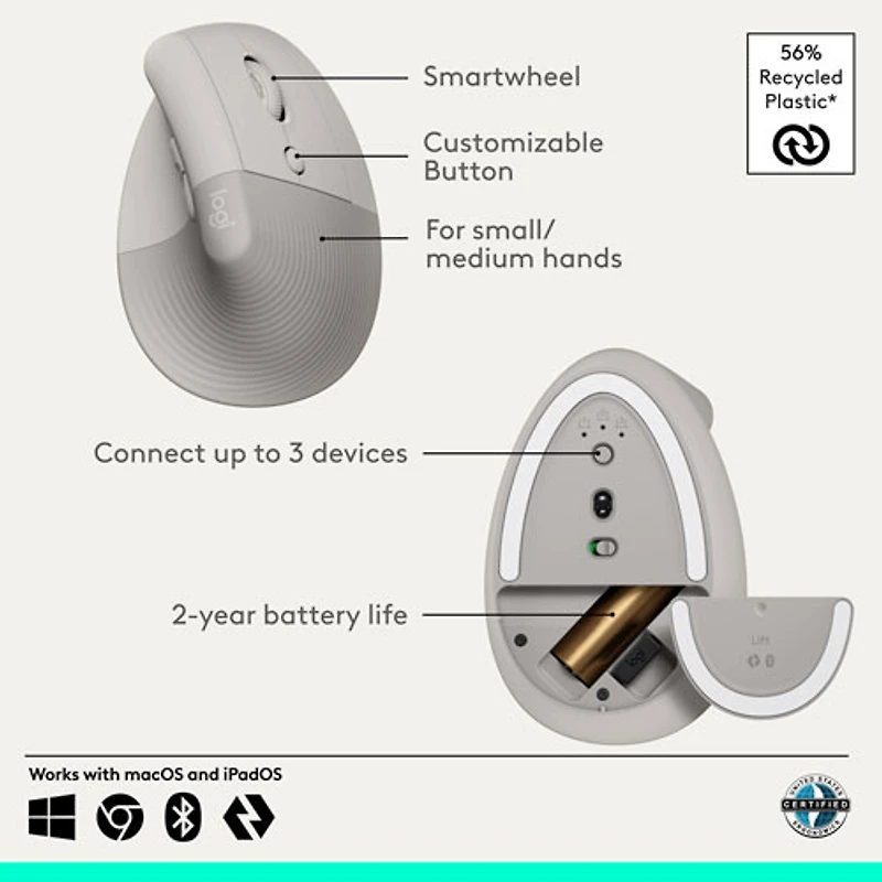 Logitech Lift Vertical Ergonomic Wireless Mouse - Sand