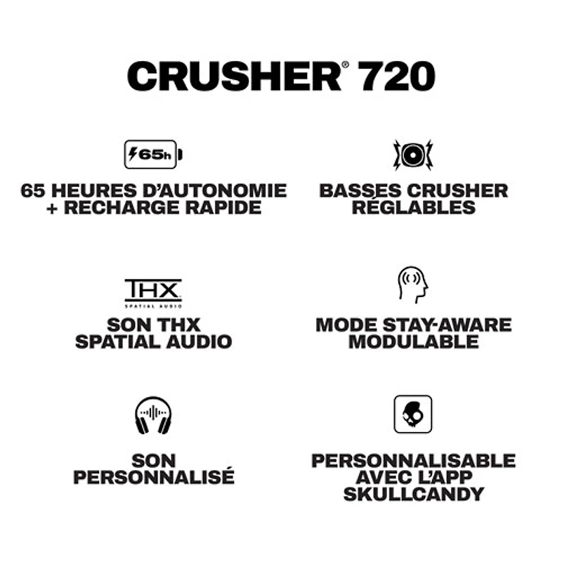 Casque d'écoute 100 % sans fil à isolation sonore Crusher 720 de Skullcandy - Noir
