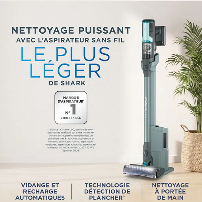 Aspirateur-balai sans fil et sans sac PowerLite de Shark avec autonomie de 40 min, léger - Bleu glacier