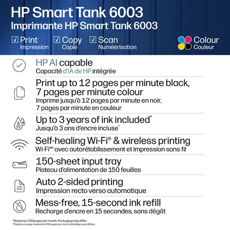 Imprimante à jet d'encre tout-en-un sans fil Smart Tank 6003 de HP - Noir - Recharge d'encre gratuite jusqu'à 3 ans incluse