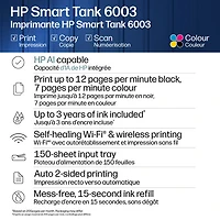 Imprimante à jet d'encre tout-en-un sans fil Smart Tank 6003 de HP - Noir - Recharge d'encre gratuite jusqu'à 3 ans incluse