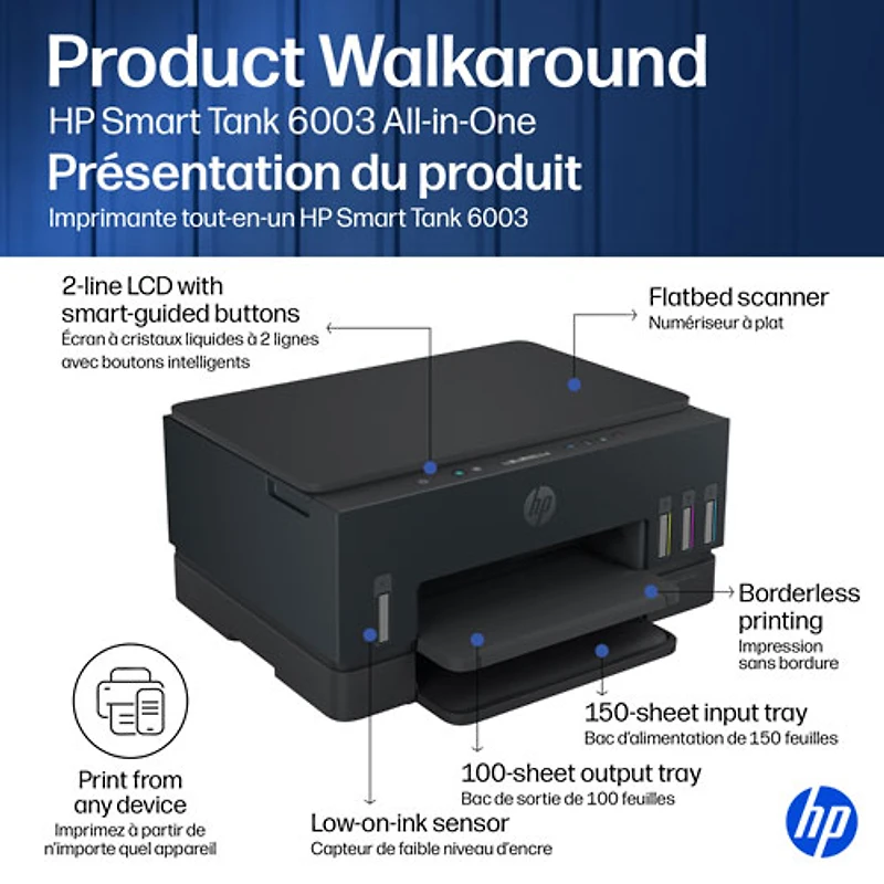 Imprimante à jet d'encre tout-en-un sans fil Smart Tank 6003 de HP - Noir - Recharge d'encre gratuite jusqu'à 3 ans incluse