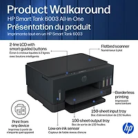 Imprimante à jet d'encre tout-en-un sans fil Smart Tank 6003 de HP - Noir - Recharge d'encre gratuite jusqu'à 3 ans incluse