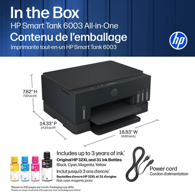 Imprimante à jet d'encre tout-en-un sans fil Smart Tank 6003 de HP - Noir - Recharge d'encre gratuite jusqu'à 3 ans incluse