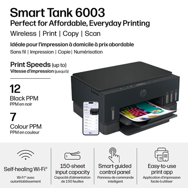 Imprimante à jet d'encre tout-en-un sans fil Smart Tank 6003 de HP - Noir - Recharge d'encre gratuite jusqu'à 3 ans incluse