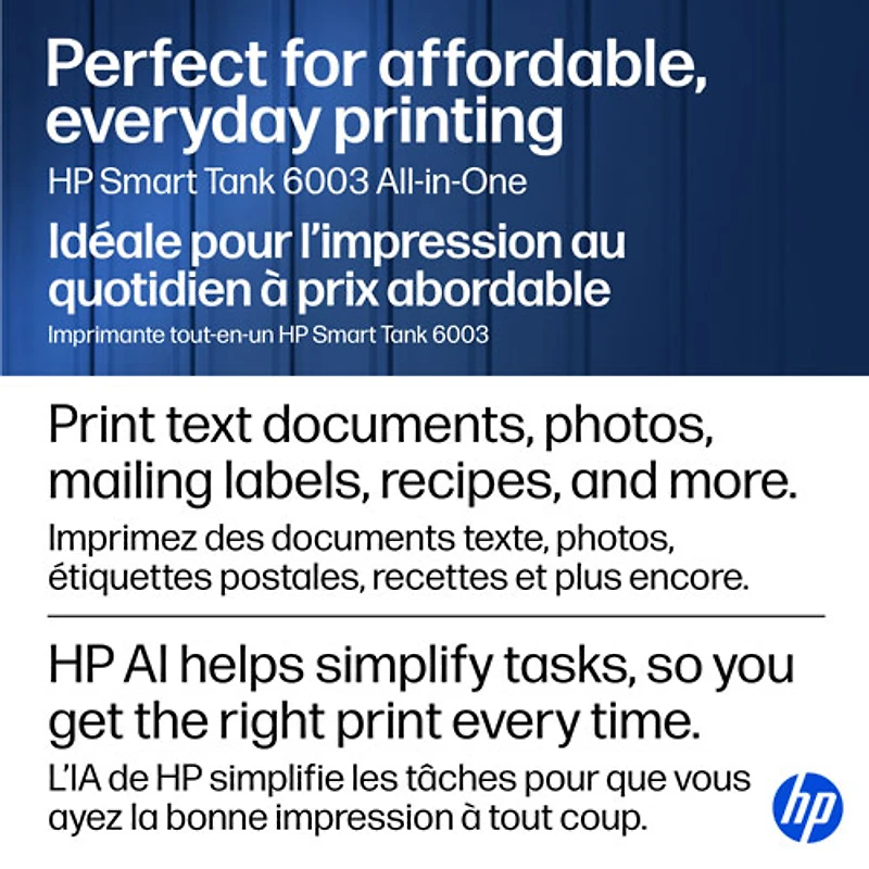 Imprimante à jet d'encre tout-en-un sans fil Smart Tank 6003 de HP - Noir - Recharge d'encre gratuite jusqu'à 3 ans incluse