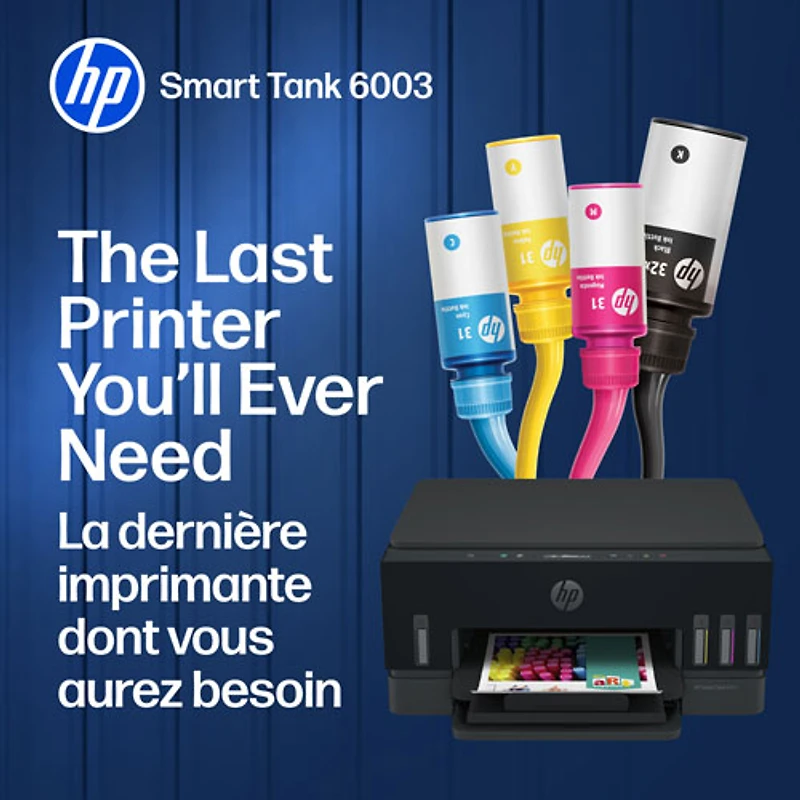 Imprimante à jet d'encre tout-en-un sans fil Smart Tank 6003 de HP - Noir - Recharge d'encre gratuite jusqu'à 3 ans incluse