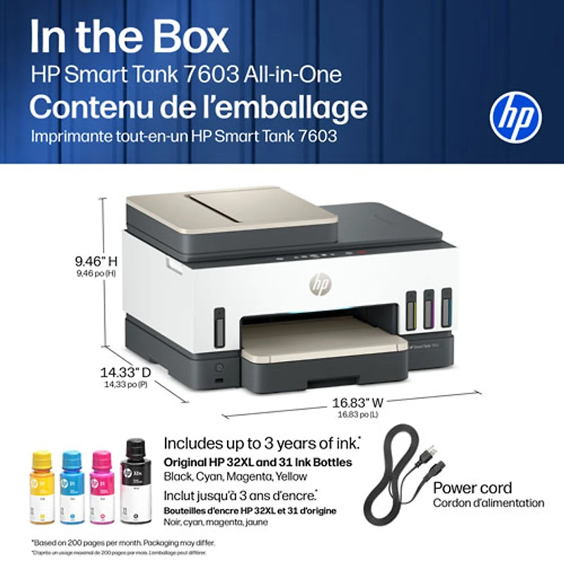 HP Smart Tank 7603 Wireless All-In-One Inkjet Printer - White - Free Refillable Ink Up to 3 Years Included