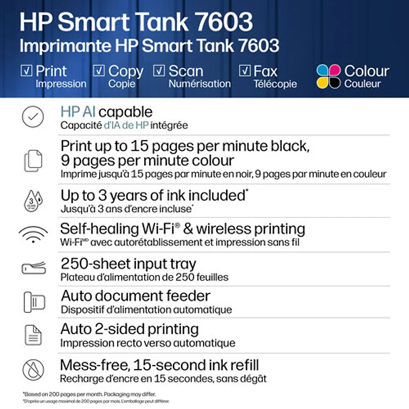 HP Smart Tank 7603 Wireless All-In-One Inkjet Printer - Black - Free Refillable Ink Up to 3 Years Included