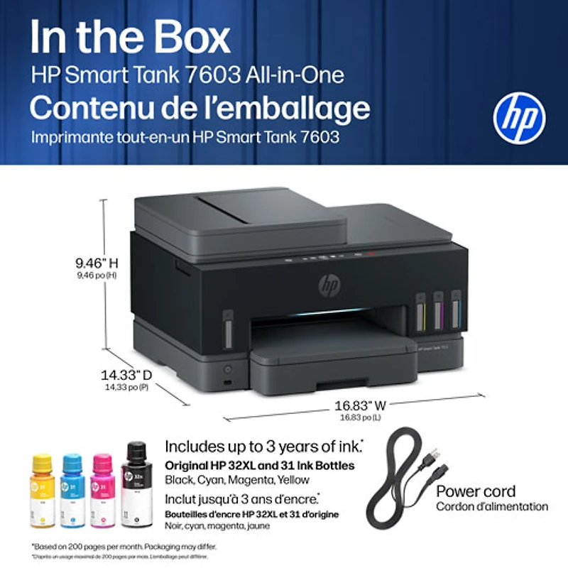 HP Smart Tank 7603 Wireless All-In-One Inkjet Printer - Black - Free Refillable Ink Up to 3 Years Included