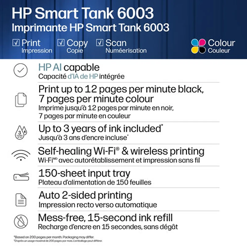 HP Smart Tank 6003 Wireless All-In-One Inkjet Printer - White - Free Refillable Ink Up to 3 Years Included