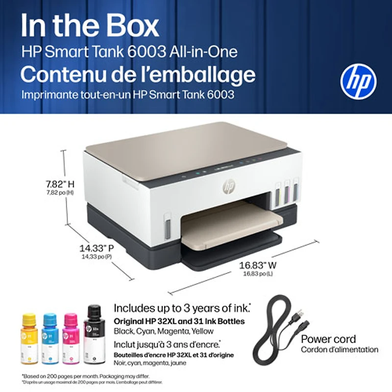 HP Smart Tank 6003 Wireless All-In-One Inkjet Printer - White - Free Refillable Ink Up to 3 Years Included