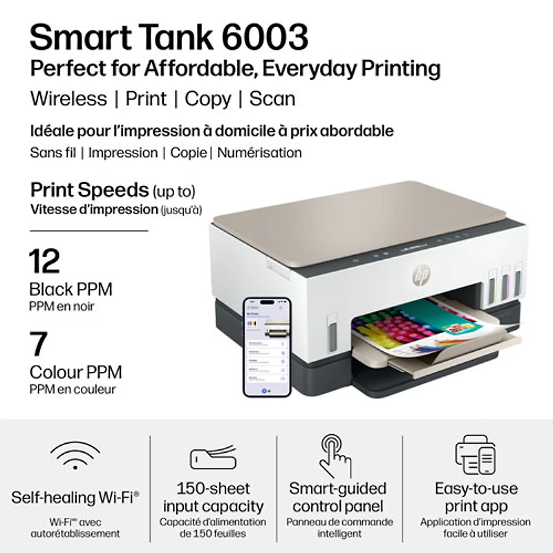 HP Smart Tank 6003 Wireless All-In-One Inkjet Printer - White - Free Refillable Ink Up to 3 Years Included