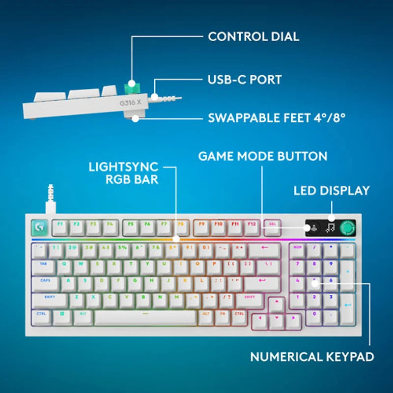 Clavier de jeu mécanique rétroéclairé pleine grandeur à touches tactiles G316 X de Logitech - Blanc - Anglais